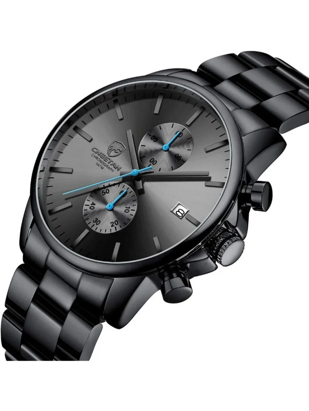Men's Black Blue Classic Stainless Steel Waterproof Chronograph Quartz Watch